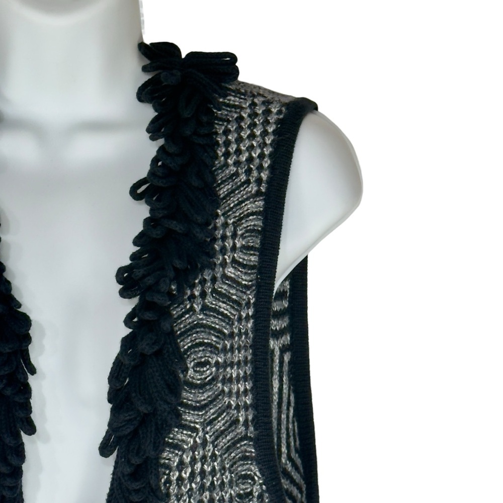 Jana Boho Gray White Geometric Cardigan Vest With Black Fringe Detail Large - Picture 6 of 14